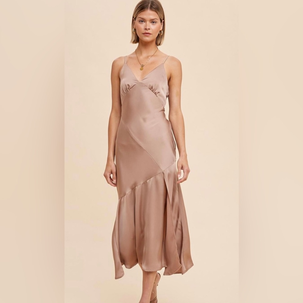 Asali Mushroom Taupe Satin Bias Cut Midi Dress